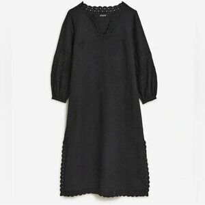 J. Crew Black Linen Bungalow Embroidered Dress with Sleeves - Size XXS